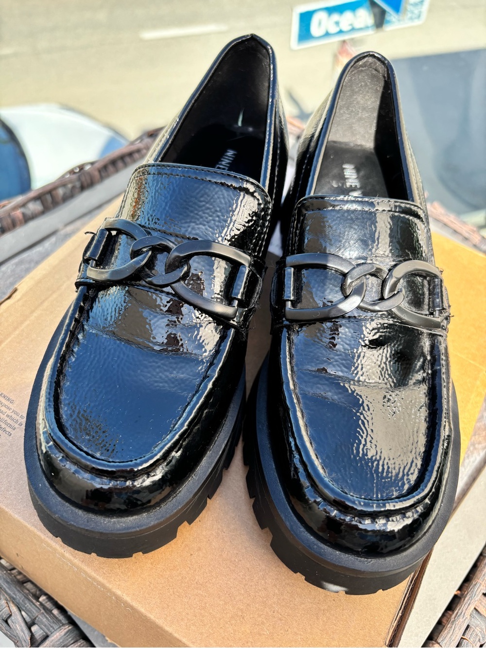 Nine West Women’s Black Patent Loafers with Chain Detail